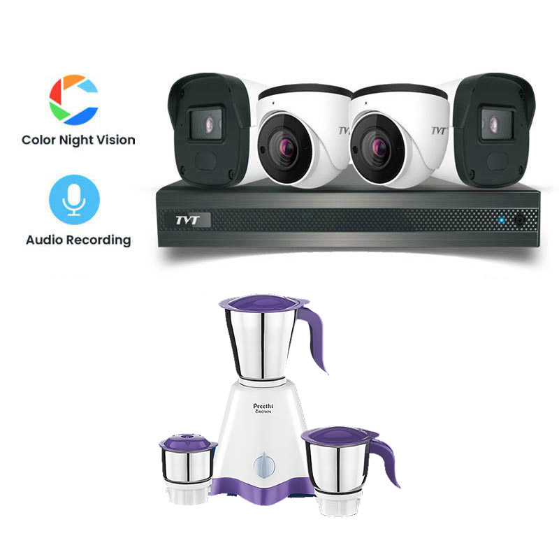 Picture of TVT 4 CCTV Cameras Combo (2 Indoor & 2 Outdoor CCTV Cameras) (Colour View With Mic) 👨🏻‍🔧 With CCTV Installation+ 4CH DVR + HDD + Accessories + Power Supply + 90m Cable  + Preethi Mixie